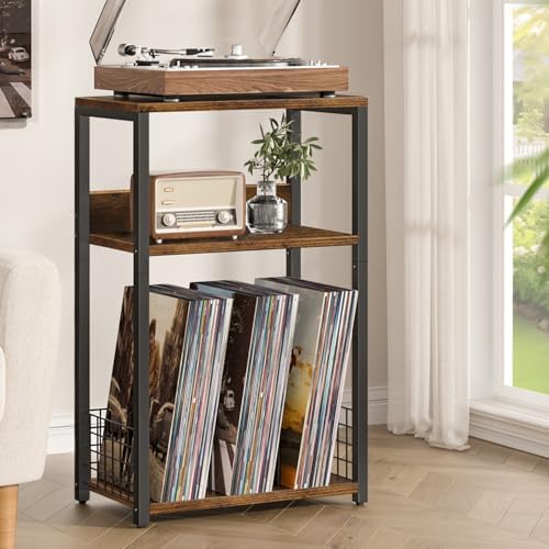 LELELINKY Large Brown Record Player Stand, 3 Tier 18" Wide Big End Table - Image 2