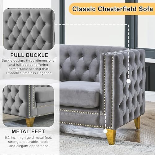 2 Piece 81" 3-Seater + 58" Loveseat Velvet Sofa Set, Buttons Tufted and Square - Image 3
