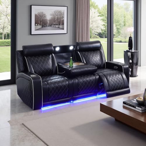 Power Recliner Set with LED Lights, Air Leather Reclining Sofa Set with USB by COSYMOORFURNITURE