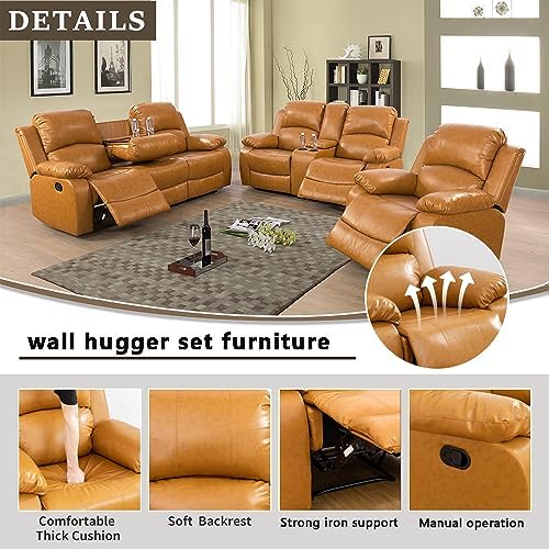 A Ainehome 3 Pieces Living Room Furniture Sets, Manual Leather Recliner Sofa Set - Image 3