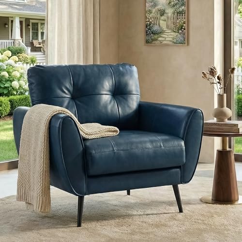 Blue Leather Accent Chair, Tufted Reading Armchair by TYBOATLE