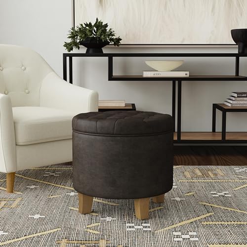 HomePop 19" Faux Leather Button Tufted Round Storage Ottoman - Image 2