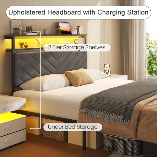 Fluest Full Bed Frame with 2 Drawers, Upholstered Headboard with Storage and - Image 4