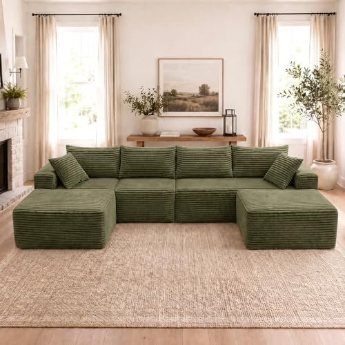 Claiks 132" Boneless Couch, U-Shape Corduroy Sectional Sofa by CLAIKS