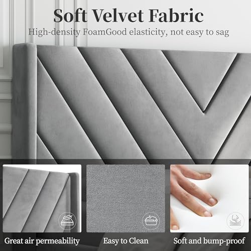 Yaheetech Queen Bed Frame with Chevron Channel-Tufted Headboard, Light Gray - Image 5