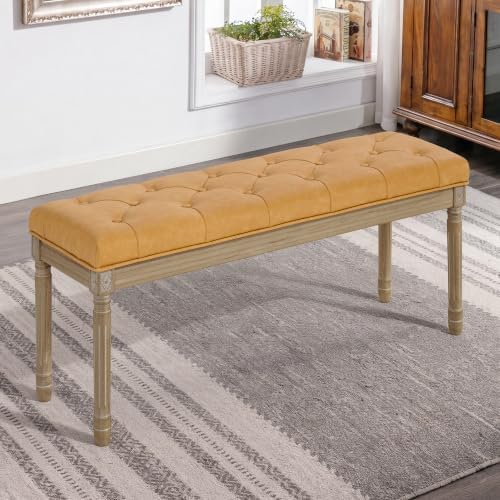 LUE BONA 44" Leather End of Bed Bench, Upholstered Tufted French Bedroom Bench - Image 2