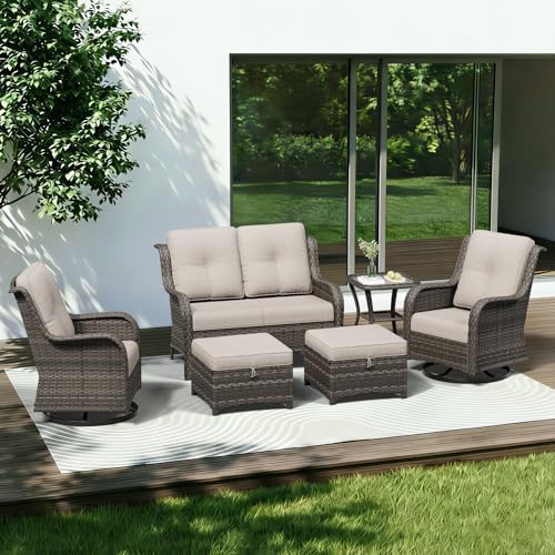 6 Piece Outdoor Wicker Patio Furniture Set, Outdoor Swivel Rocker Patio Chairs by Gardenbee
