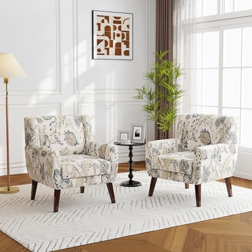 Accent Chairs Set of 2, Upholstered Armchair in Linen, Pattern Leaf by Blissabod