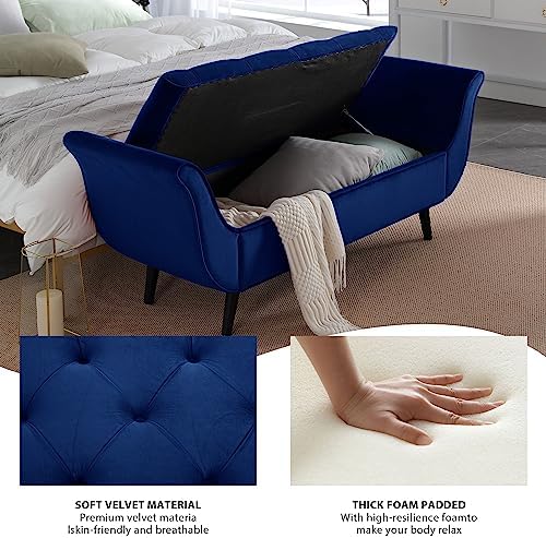 Storage Bench for Bedroom End of Bed, Velvet Upholstered Rolled Armed Button - Image 5