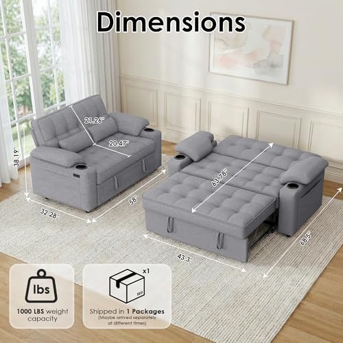 58'' Convertible Sofa Bed with USB Charger and Cup Holders, Teddy Fabric - Image 2