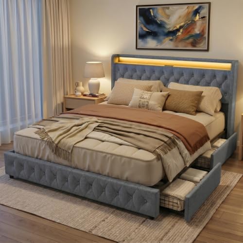 King Size Bed Frame, 4 Storage Drawers, Charging Station by Zelurelle