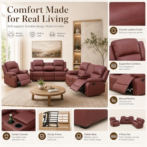 Recliner Sofa Set 3 Piece Living Room Furniture Set Couch Leather Recliner Sofa - Image 6