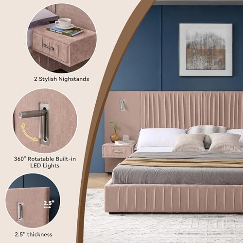 King Size Bed Frame with LED Lights and Nightstands, Modern Chenille - Image 4