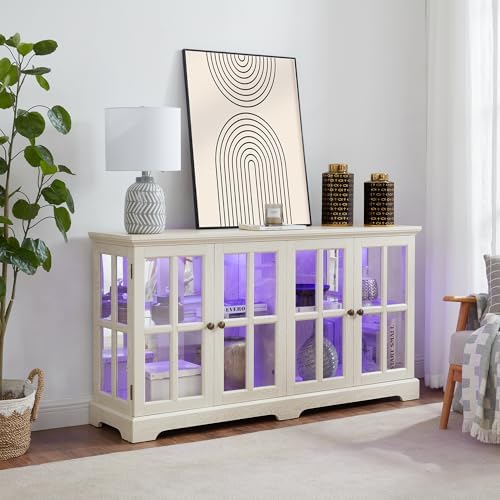 59" Glass Curio Display Storage Cabinet, 4 Doors LED Light Multipurpose by Unknown