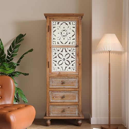 LKTART Solid Wood Tall Accent StorageCabinet, Narrow Carved Sideboard Buffet by LKTART