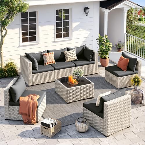 UDPATIO Outdoor Patio Furniture Set 7 Pcs Wicker Sectional Sofa Black by UDPATIO