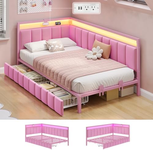 Hasuit Corner Bed Frame with Storage Drawers, Twin Daybed with Line Fabric by Hasuit