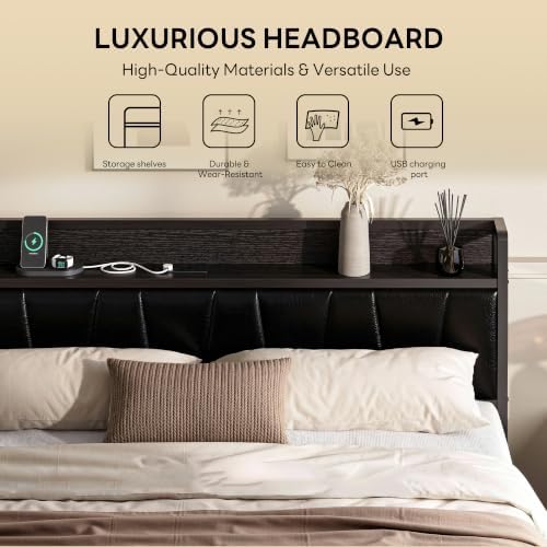 LIKIMIO King Bed Frame with Storage Headboard and Charging Station - Image 3
