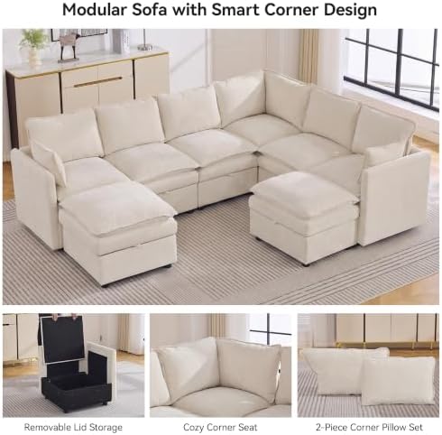 105" Beige Modular Storage Sofa, U Shaped Chenille Couch - Image 5