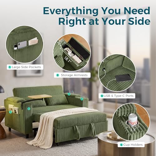 LINSY HOME 58" Loveseat Sleeper, 3-in-1 Pull Out Couch w/Side Table - Image 6