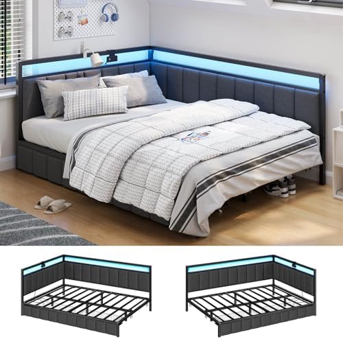 Hasuit Corner Bed Frame with Storage Drawers, Full Daybed with Line Fabric by Hasuit