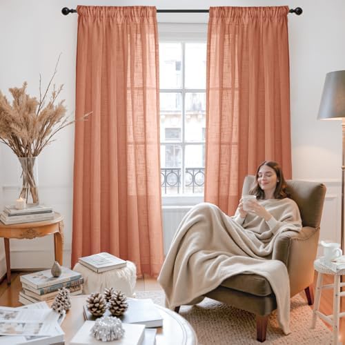 Burnt Orange Linen Semi Sheer Curtains 84 Inches Long - Image 2