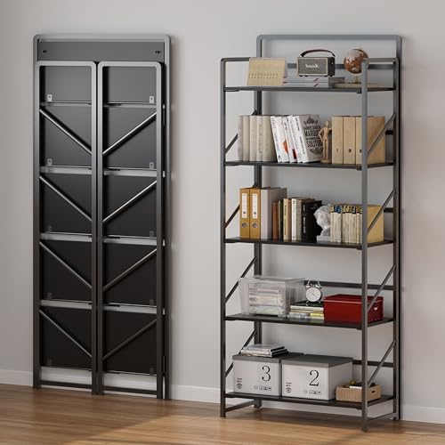 JSB No Assembly Folding Bookshelf, 5 Tier Industrial Metal Book Shelf - Image 4