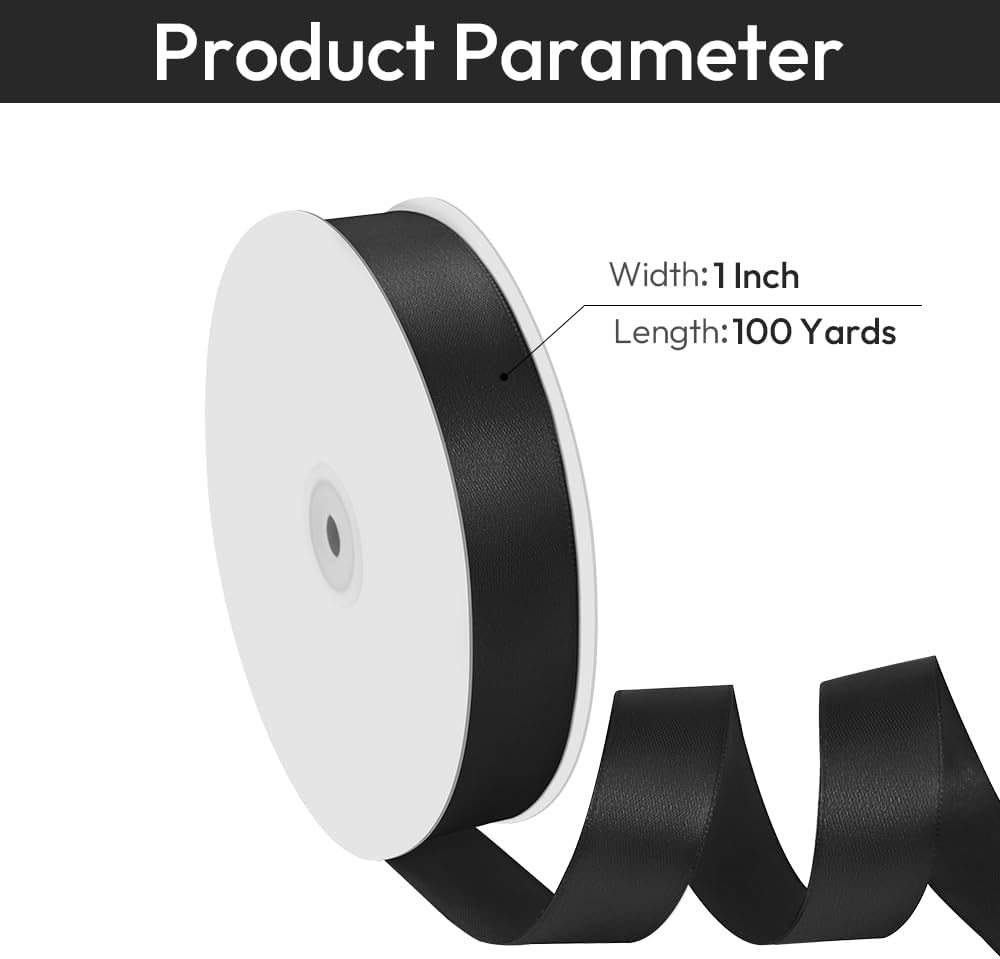 1" Width x 100 Yards Satin Ribbon, Black Ribbon Perfect for DIY Craft, Bows, Gift Wrapping, Flower Bouquet, Valentine's Day, Christmas and Halloween Party Decoration