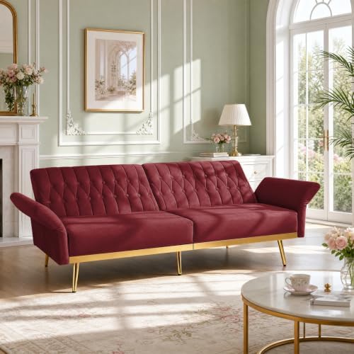 70” Velvet Futon Sofa Bed w/Adjustable Armrests - Image 7