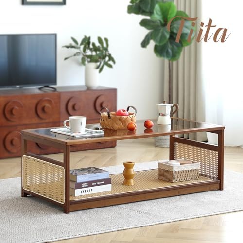 Tiita Large Bamboo Rectangle Coffee Table, Glass Top, Rattan Storage - Image 6