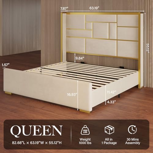 Queen Bed Frame with Gold Trim Headboard, Upholstered Bed - Image 2