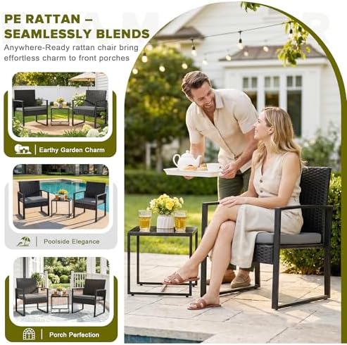 Flamaker 3 Pieces Patio Furniture Set Outdoor Wicker Bistro Chair - Image 3