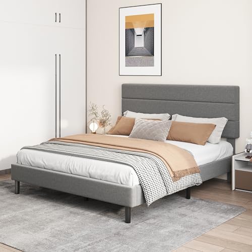 Queen Platform Bed Frame with Adjustable Linen Fabric Upholstered Headboard - Image 7
