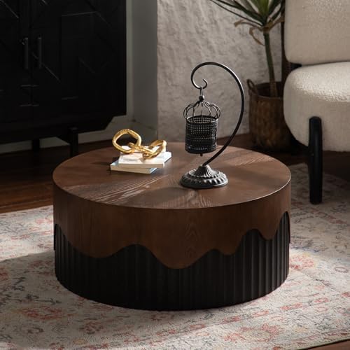 30.31" Round Coffee Table Handcrafted Relief Sturdy Pedestal Wooden Tea Table by SCANORDIC