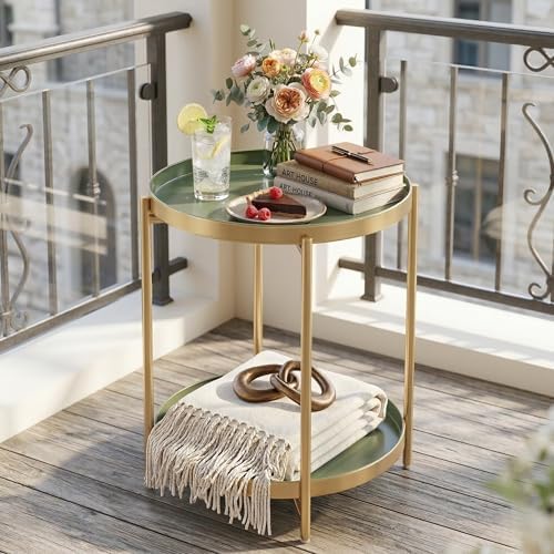 TeoKJ 2 Tier Gold Side Table, Folding Round Metal End Table Small Nightstand - Image 4