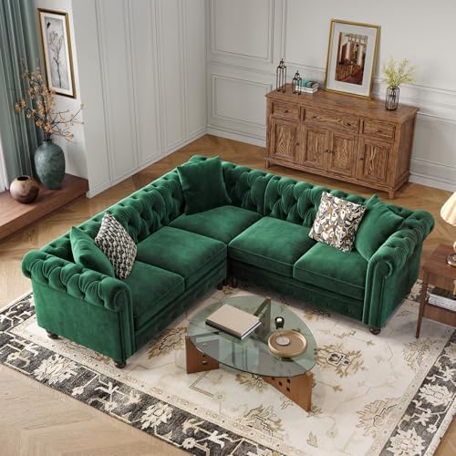 ONBRILL Velvet Chesterfield Sofa, L-Shaped Sectional Sofa - Image 6