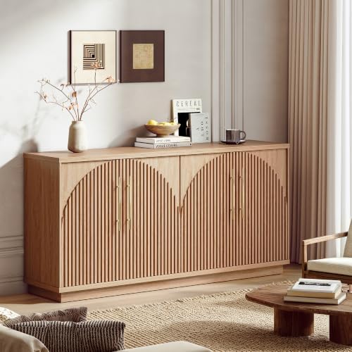 65" Buffet Cabinet with Storage, Fluted Sideboard Cabinet with 4 Arched Doors & - Image 3