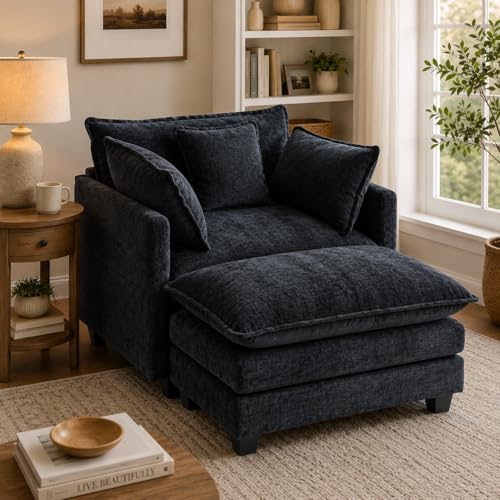 41" Oversized Chair with Ottoman, Chenille Reading Chair and a Half, Deep Seat by LUXSeatful