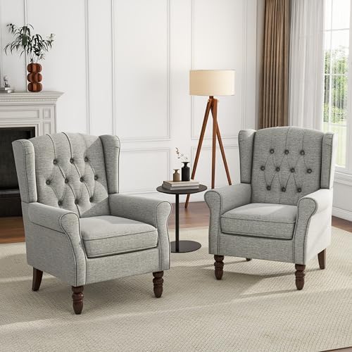 High Back Accent Chairs Set of 2, Light Gray Fabric Wingback Armchair by UIXE