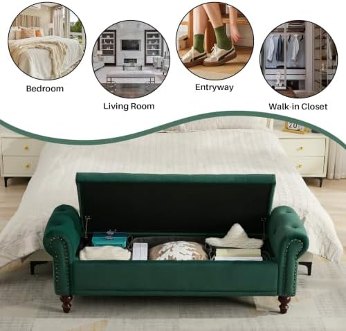 SOFTHION 58.1" Storage Bench for Bedroom, Velvet Upholstered, Dark Green - Image 6