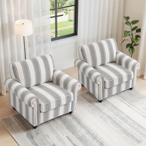 Striped Accent Chair, Comfy Reading Armchair, Light Grey - Image 6