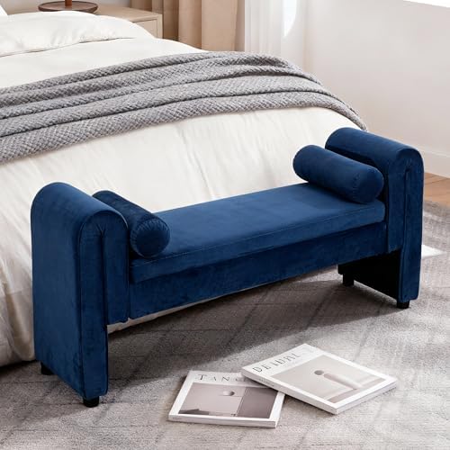 65" Velvet Rolled Arm Tufted End of Bed Storage Bench Solid Wood Legs by Hdxdkog