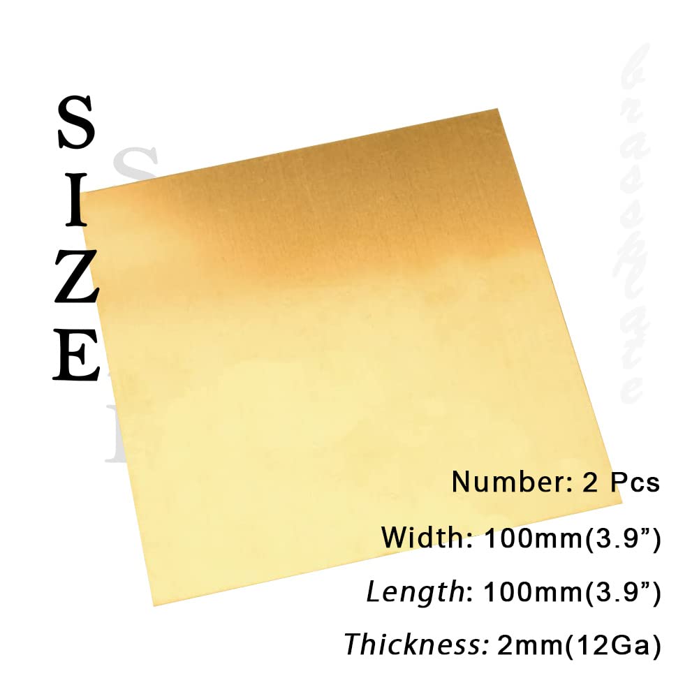 12 Gauge Brass Sheet，H62 Brass Plates Metal 0.079" Thickness x 3.9" Width x 3.9" Lenght, for Models, Crafts, Repairs, Electrical, 2Pcs