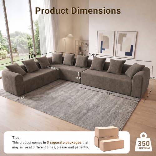 Claiks 142" Cloud Boneless Couch, L-Shape Left Chaise, Light Grey - Image 2