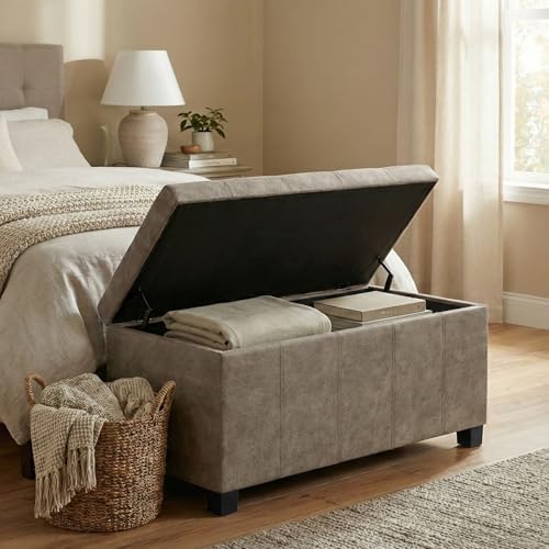 SIMPLIHOME Dover 36" Wide Vegan Leather Storage Ottoman in Grey - Image 4