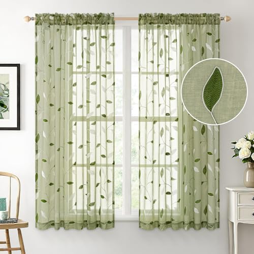 MIULEE Sage Green Sheer Curtains 2 Panels Leaf Patterned, W52 x L54 - Image 2