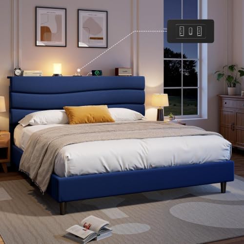 EnHomee Queen Bed Frame with Upholstered Headboard & Charging Station by EnHomee