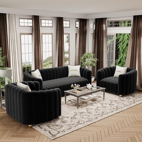 3-Piece Black Velvet Tufted Sofa Set - Image 2