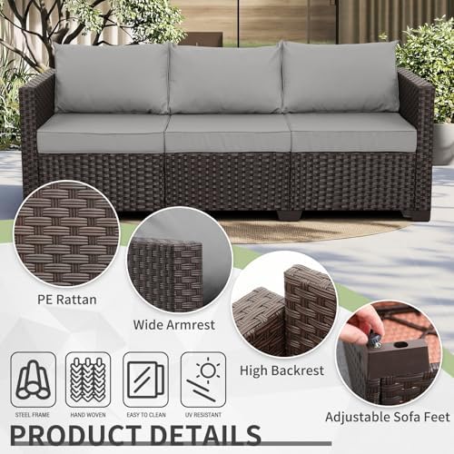 WAROOM Patio Couch PE Rattan 3-Seat Outdoor Sofa Brown Wicker Furniture Set - Image 4