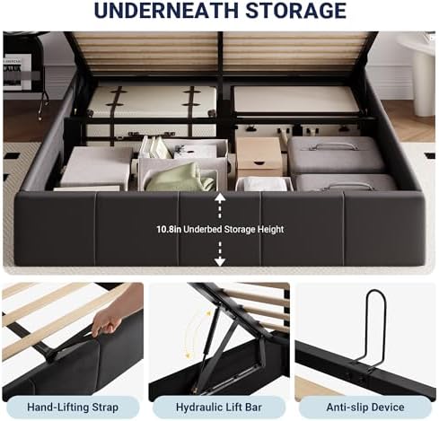 Allewie Queen Size Velvet Lift Up Hydrualic Storage Bed Frame - Image 3